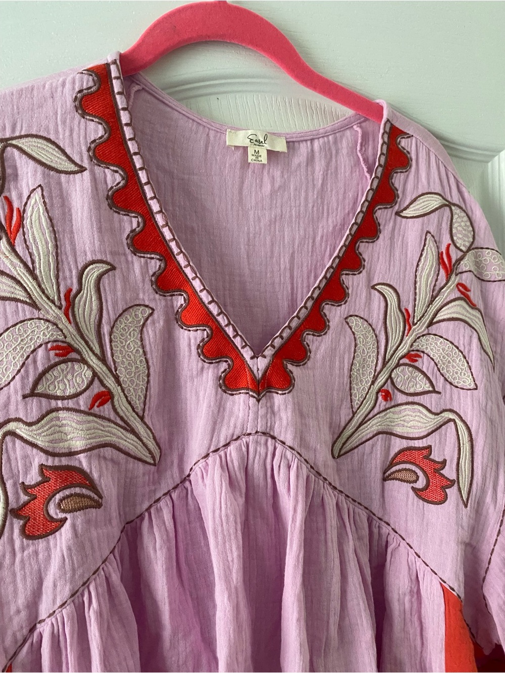 Easel Boho Embroidered V-Neck Cotton Gauze Peasant Babydoll Tunic Pink Top  M - Picture 7 of 12